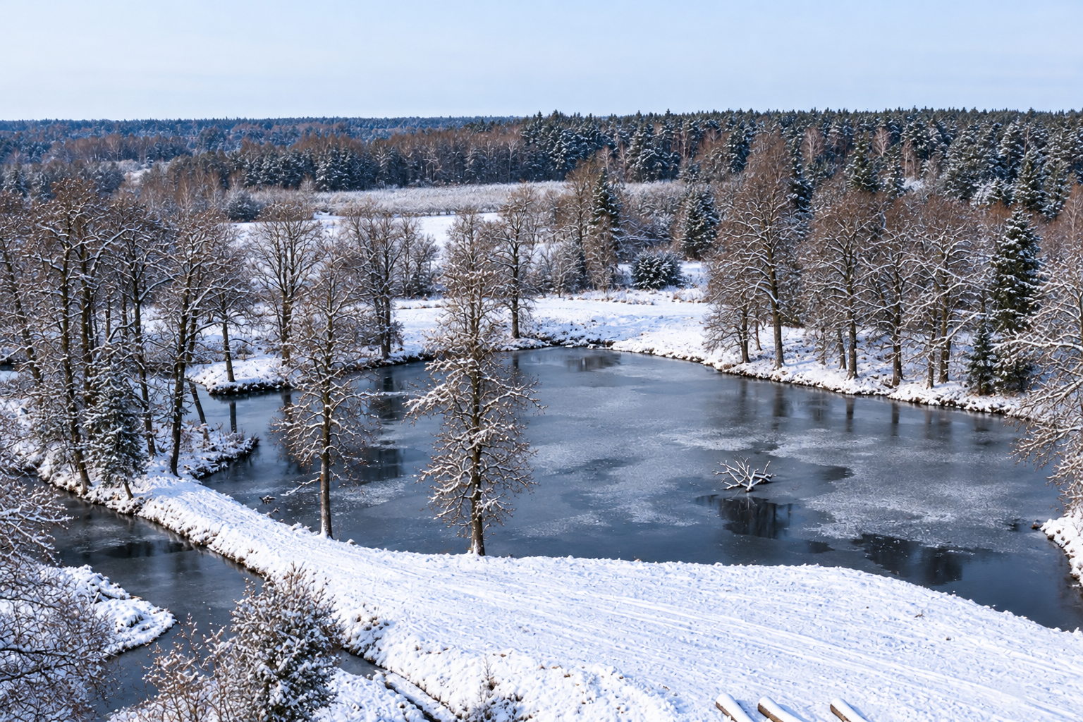 Zimowy park dworski i częściowo zamarznięty staw